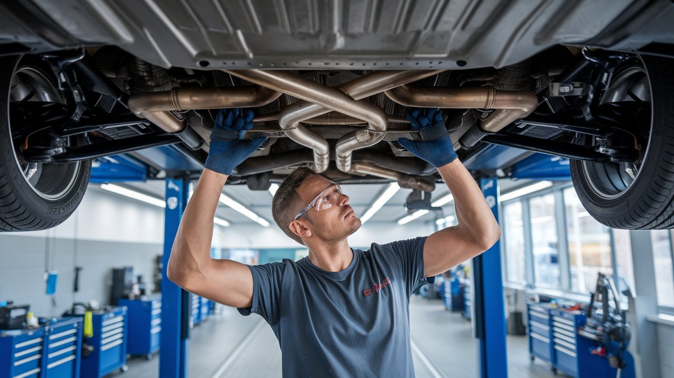 Dingmans mechanic working on muffler GM Certified Collision Repair GM Certified Collision Repair